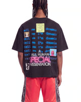 All Human BSOD Tee black, upper body rear view on model showing the blue window panels and Special Presentation lettering