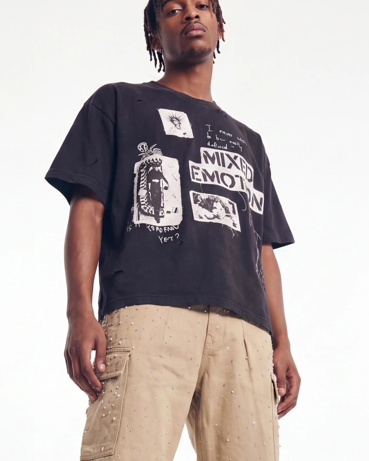 Mixed Emotions Stamped Tee black, upper body front view on model showing the punk zine-collage graphic