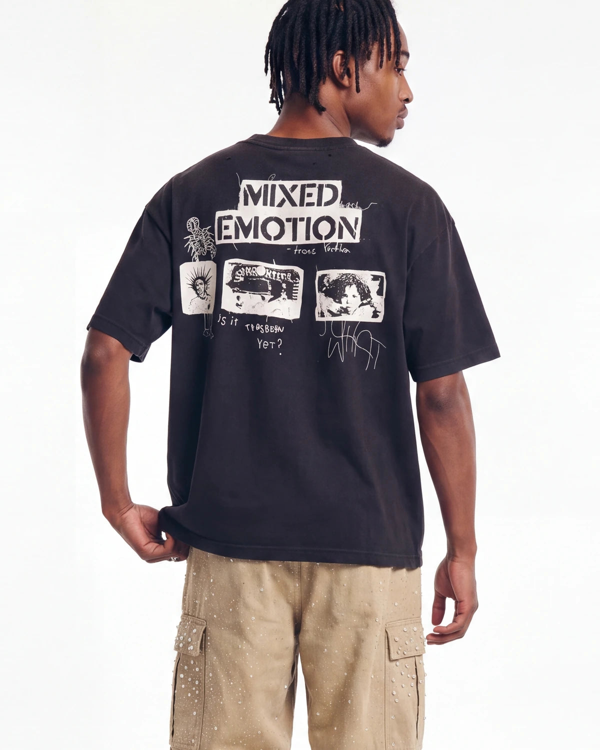 Mixed Emotions Stamped Tee black, upper body rear view on model showing the stamped MIXED EMOTION lettering