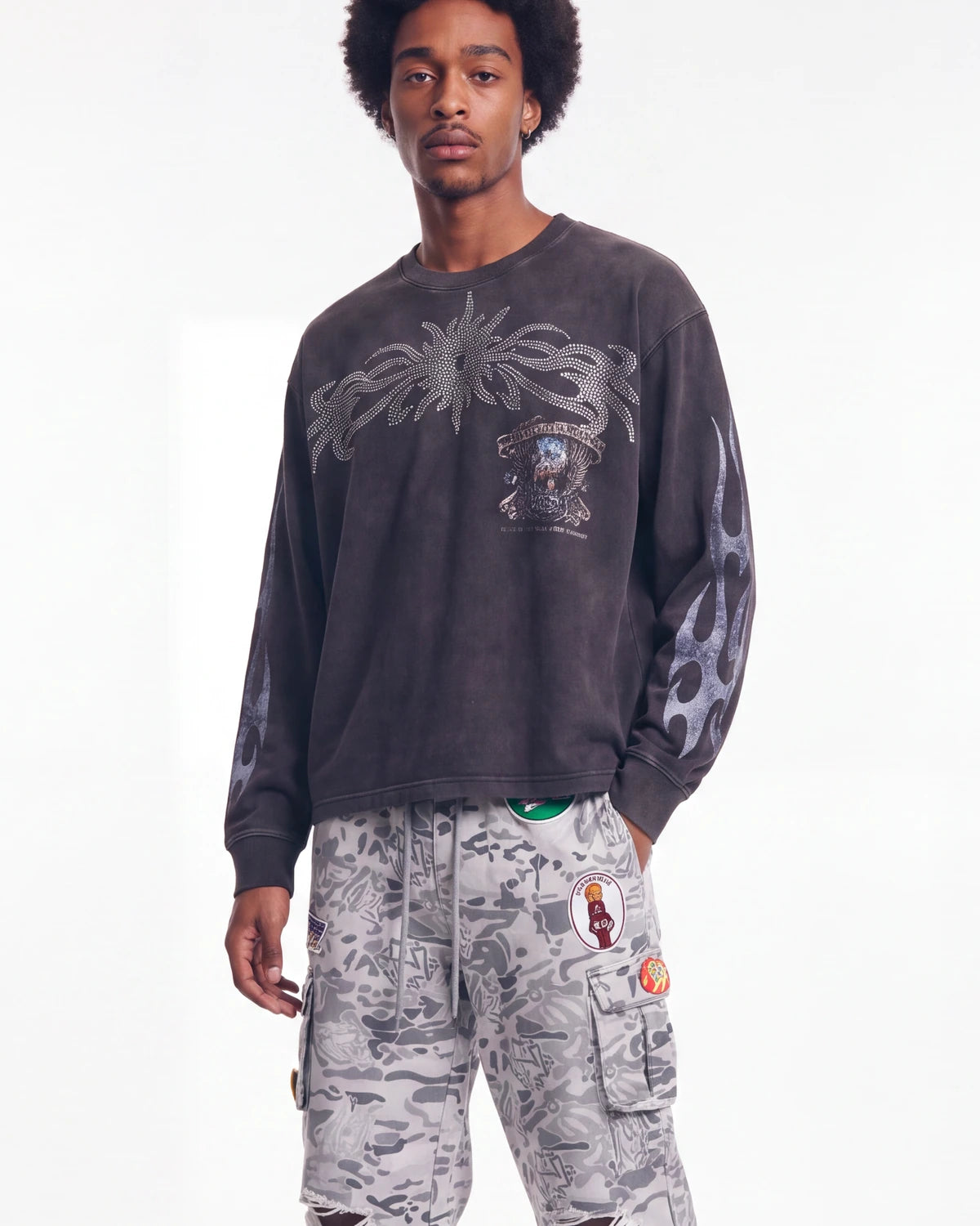 Vale Forever Valley Bling L/S Tee black, upper body front view on model showing the chrome bling graphic