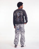 Triple Sevens Camo Sweatpants grey, full rear view on model worn with a black long sleeve tee