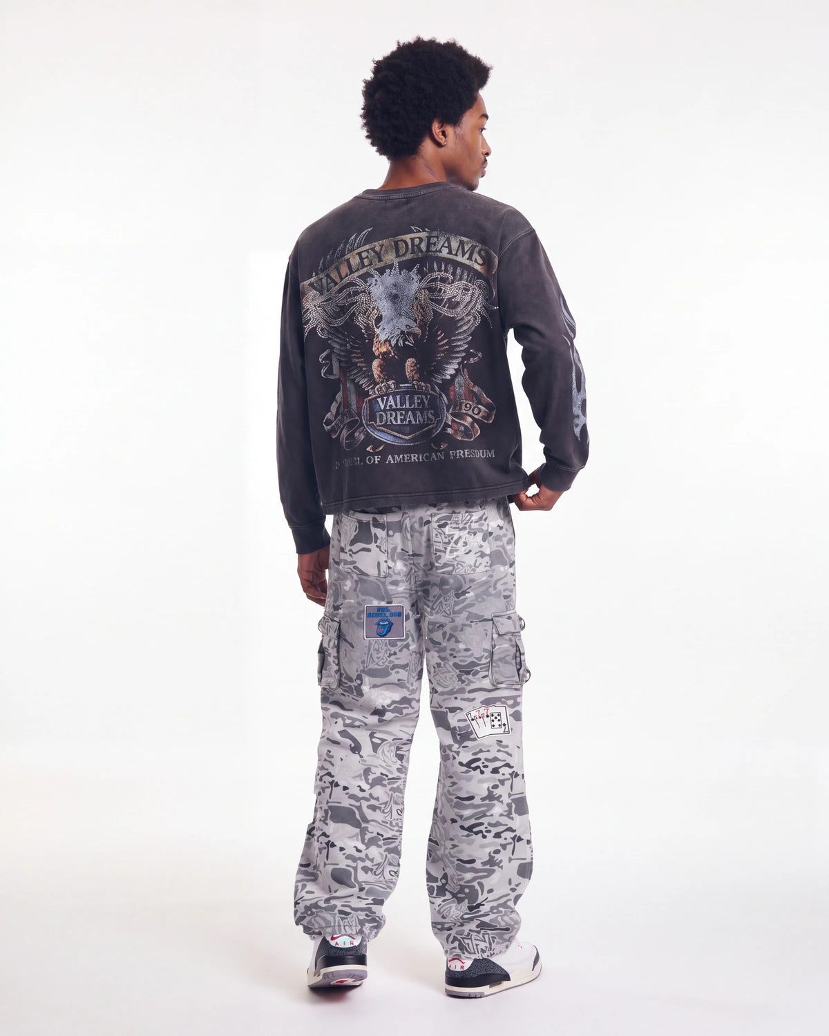 Triple Sevens Camo Sweatpants grey, full rear view on model worn with a black long sleeve tee