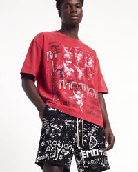Mixed Emotions Crimson Tee red, upper body front view on model showing the chalk cherub collage
