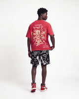 Mixed Emotions Graffiti Shorts black, full rear view on model worn with a red graphic tee
