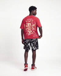 Mixed Emotions Graffiti Shorts black, full rear view on model worn with a red graphic tee