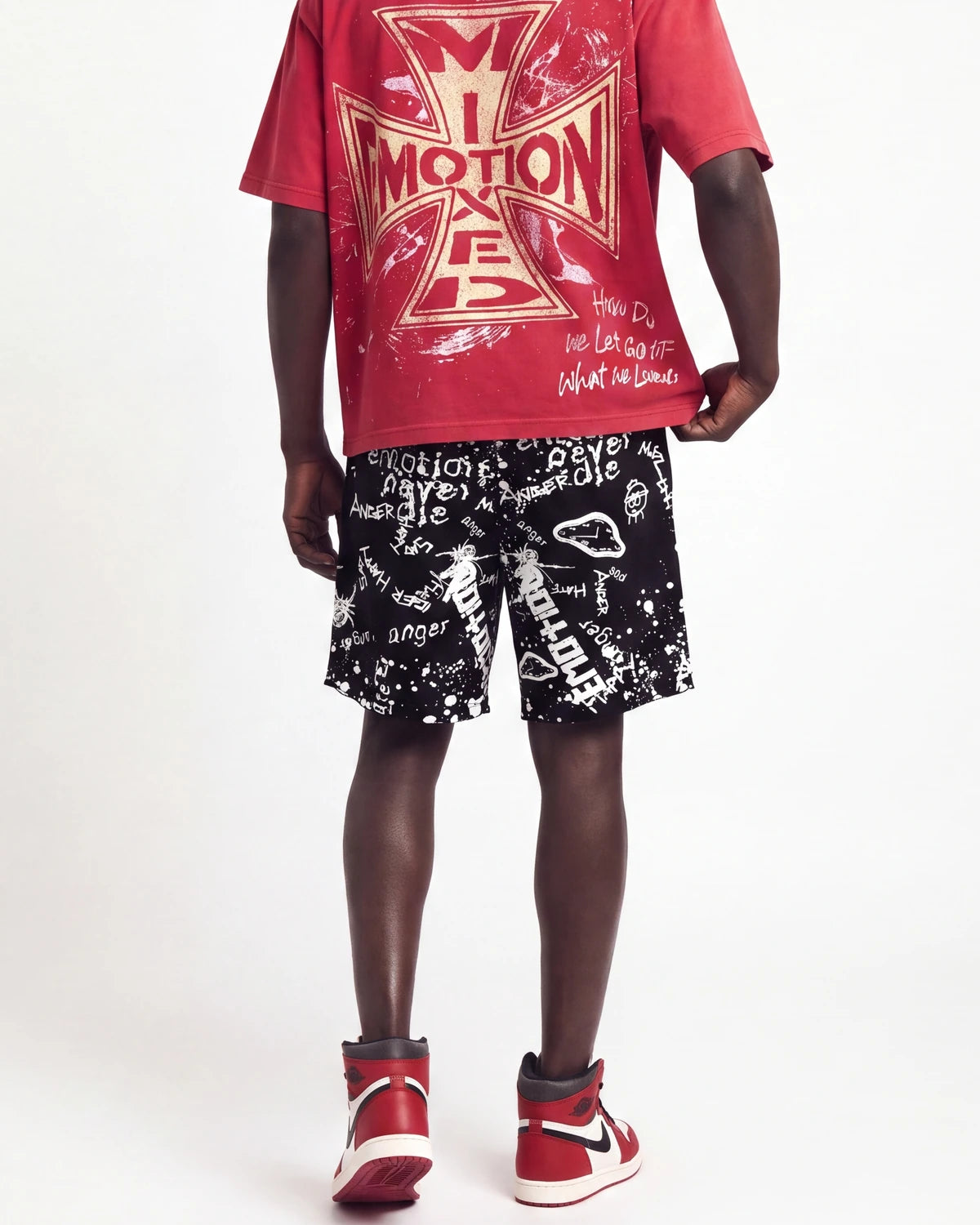 Mixed Emotions Graffiti Shorts black, waist-down rear view on model showing the graffiti scrawls