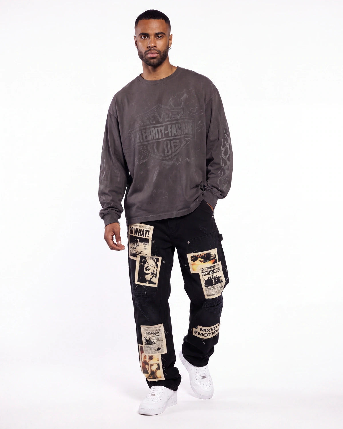 Mixed Emotions Newspaper Carpenter Pants Black