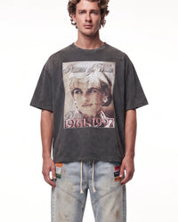 Triple Sevens Diana Tee black, upper body front view on model showing the memorial portrait graphic