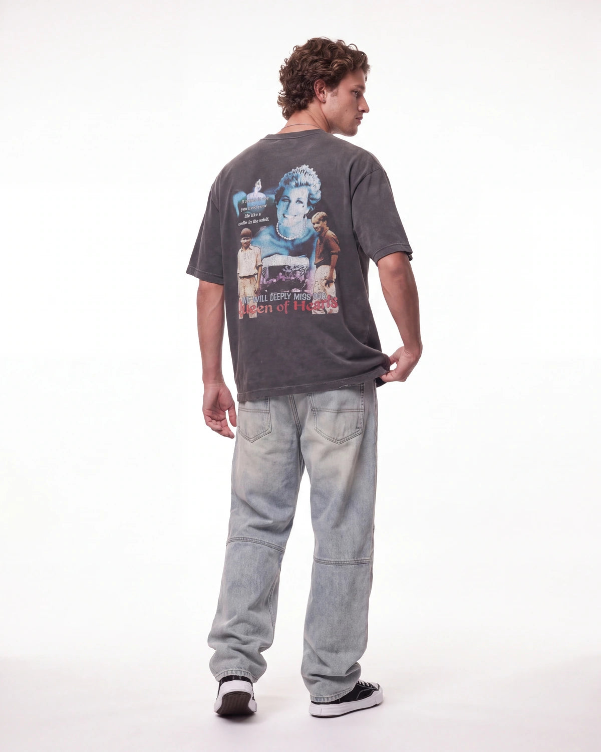 Triple Sevens Moto Denim Pants blue, full rear view on model worn with a washed black graphic tee