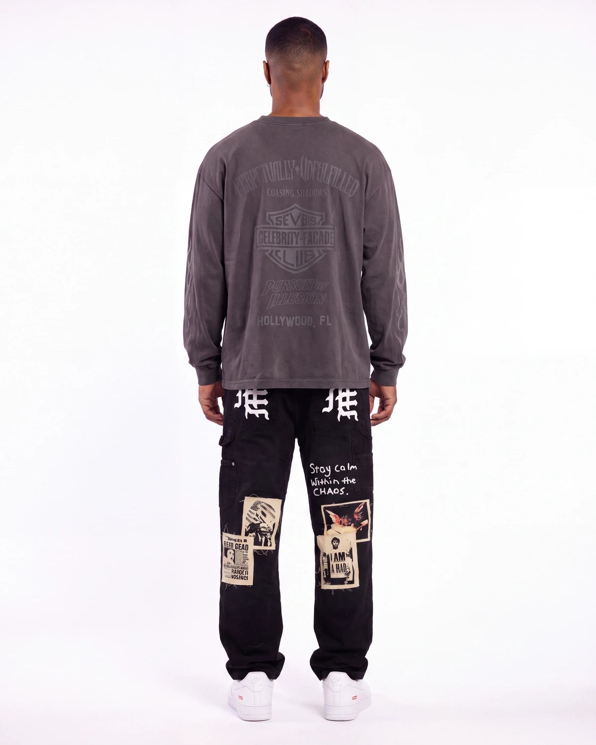 Mixed Emotions Newspaper Carpenter Pants Black