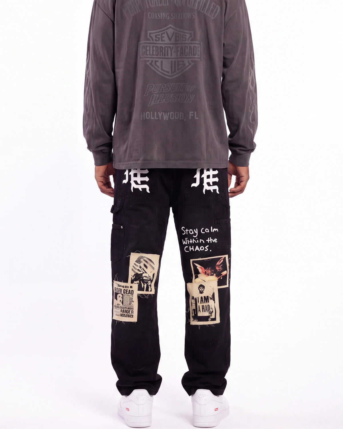 Mixed Emotions Newspaper Carpenter Pants Black