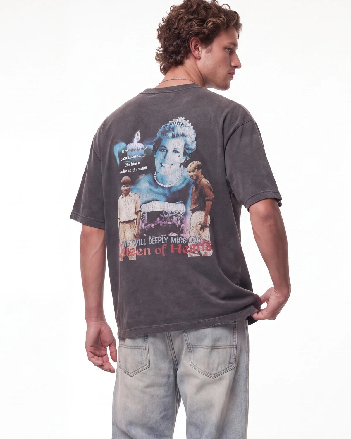 Triple Sevens Diana Tee black, upper body rear view on model showing the tribute collage print
