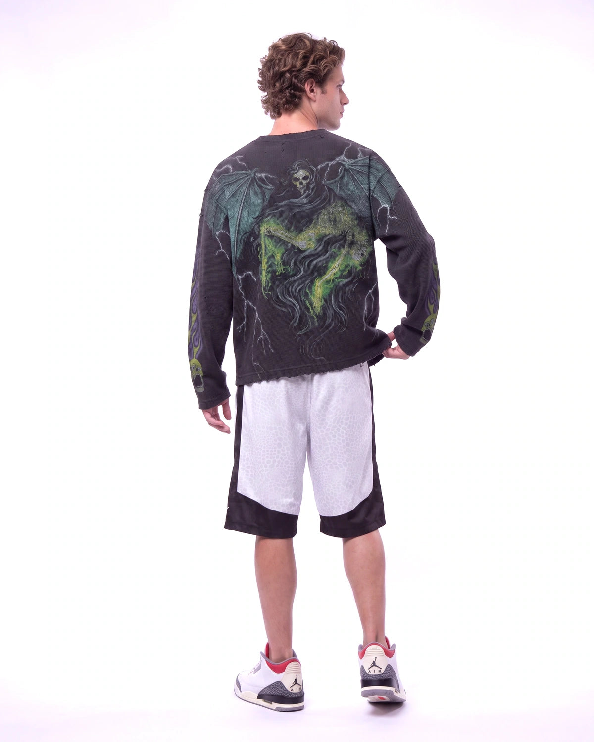 Triple Sevens Lounge Shorts grey, full rear view on model worn with a black long sleeve tee