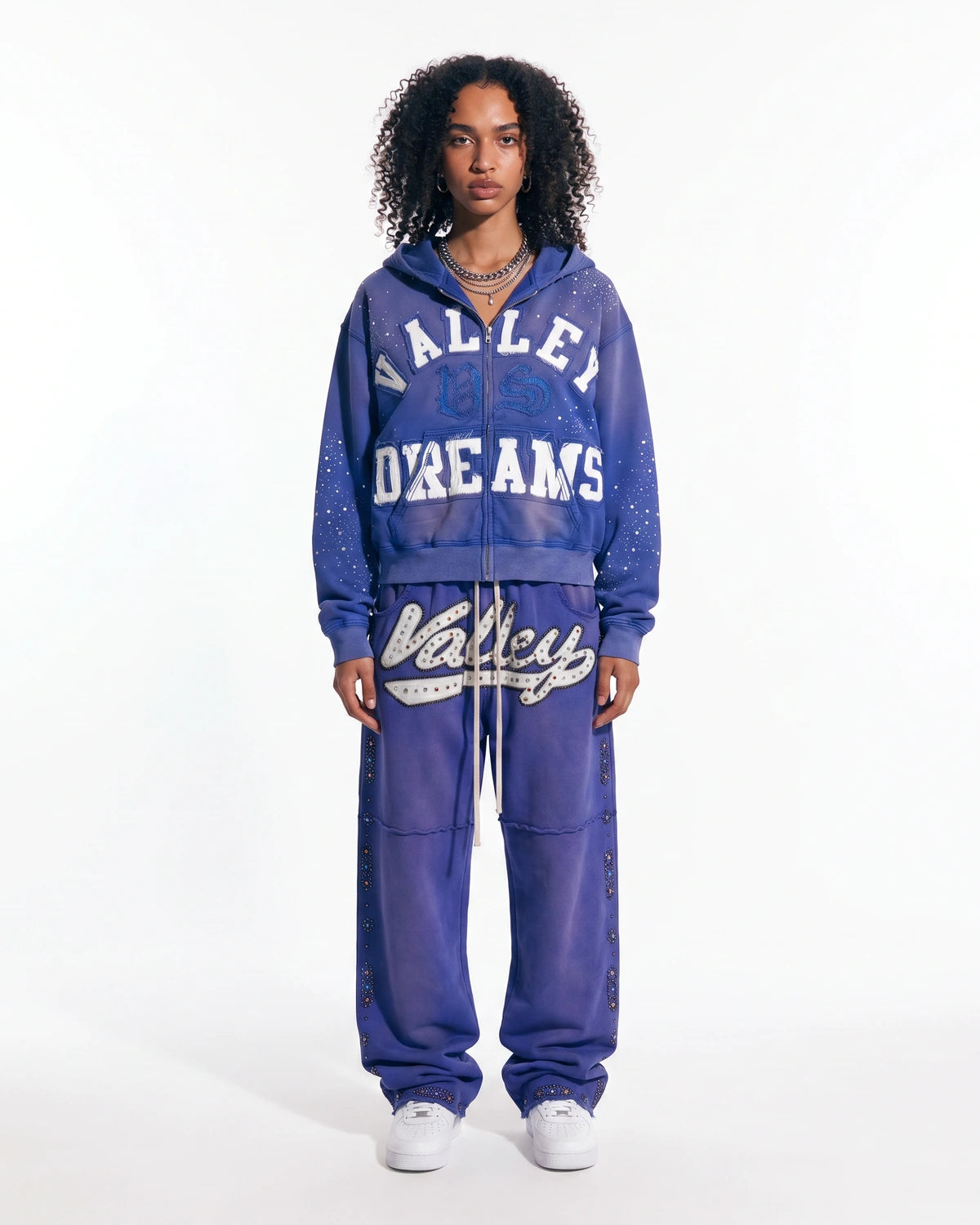 Restock AR Outfit #48, faded blue Valley Dreams zip hoodie with matching faded blue sweatpants, full look