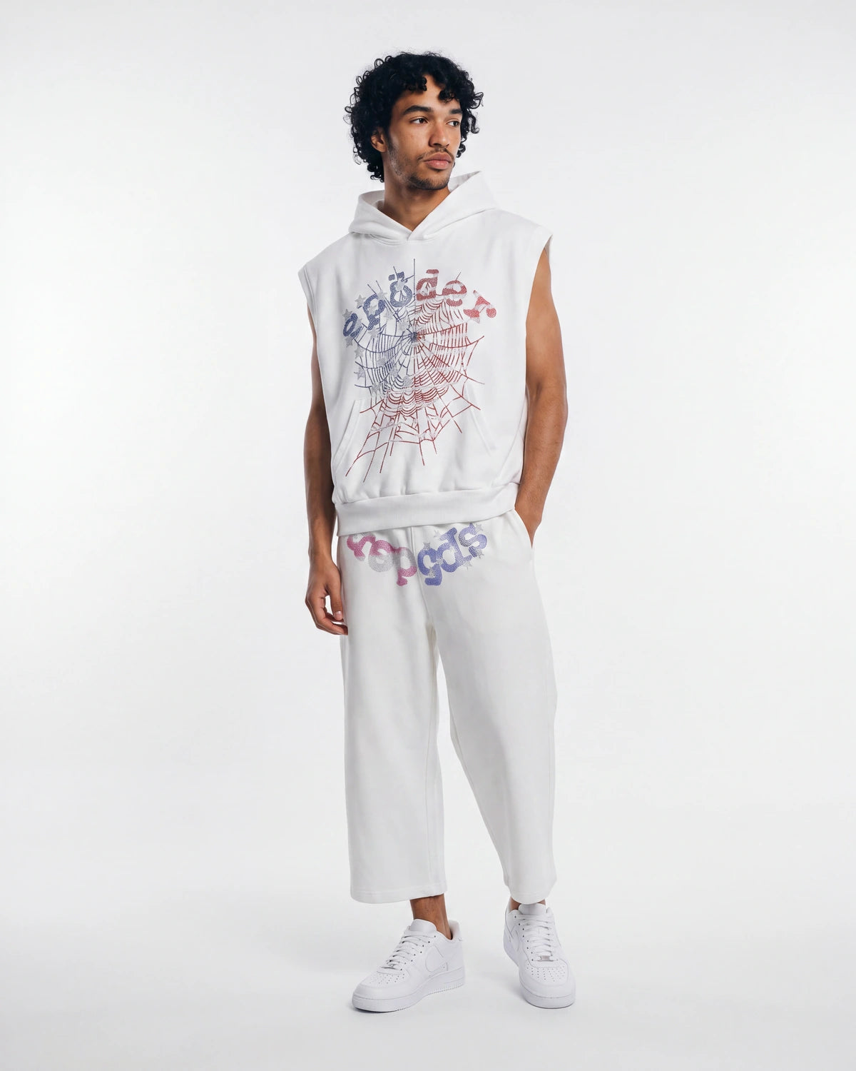 Sp5der Rhinestone OG Web Long Shorts White