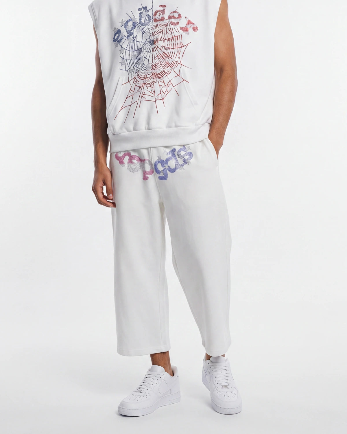 Sp5der Rhinestone OG Web Long Shorts White