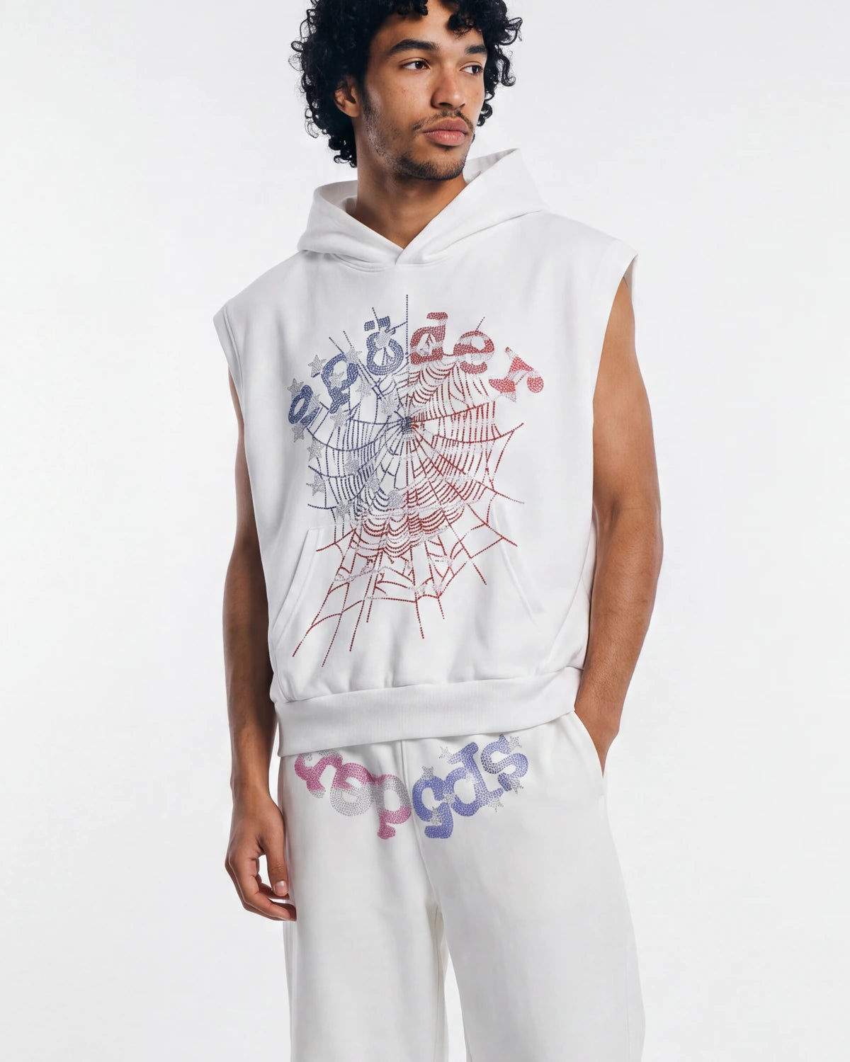 Sp5der Rhinestone OG Web Sleeveless Hoodie White