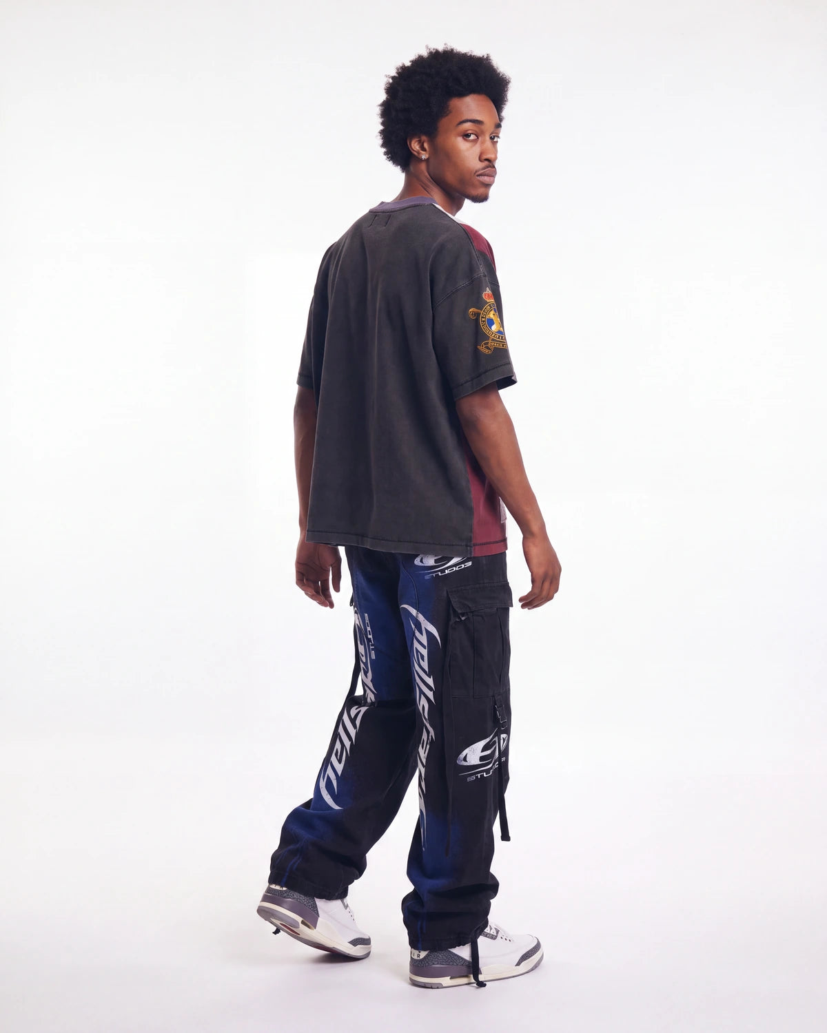Vale Forever Chopped Tee black, full rear view on model worn with printed cargo pants