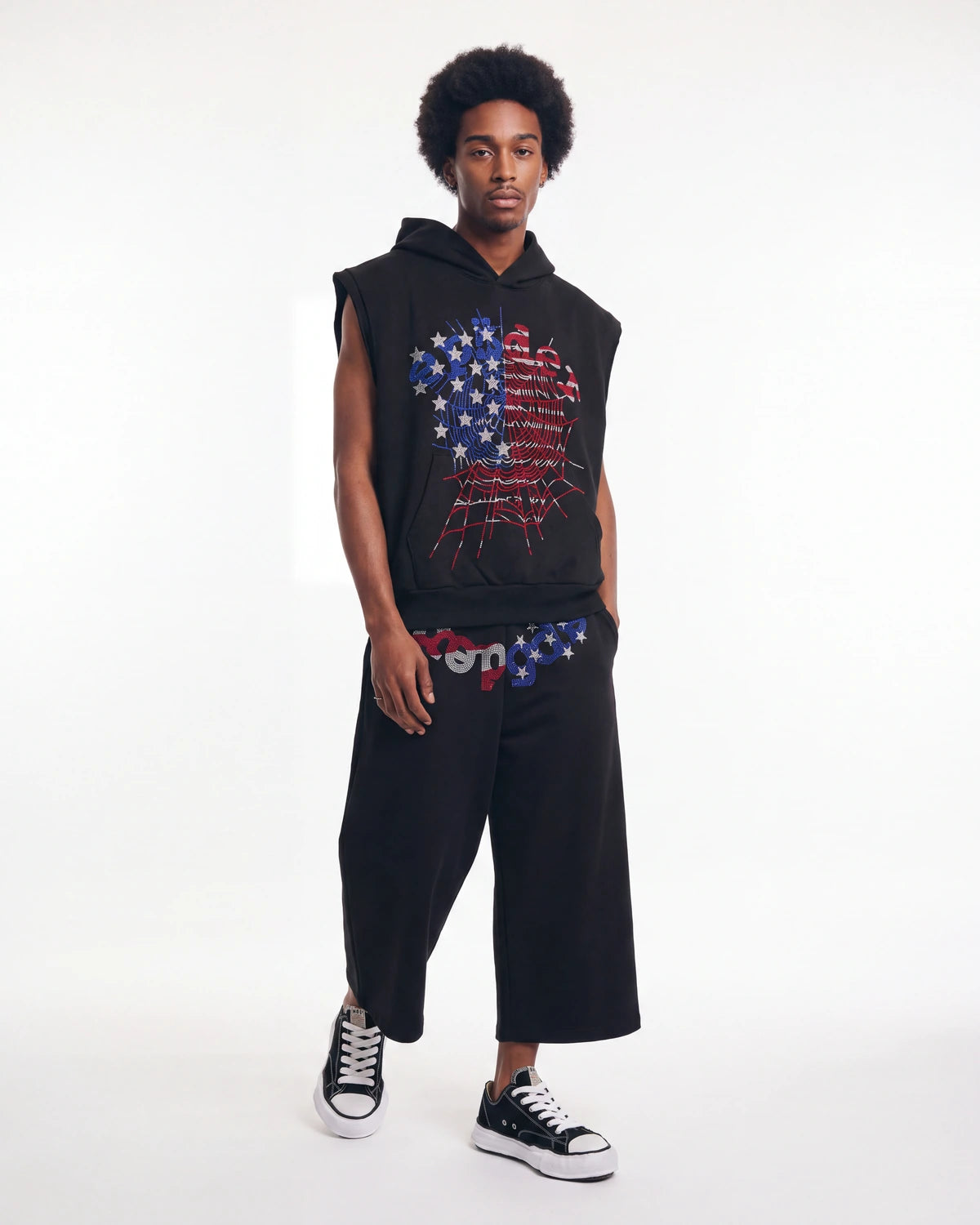 Sp5der Rhinestone OG Web Sleeveless Hoodie Onyx