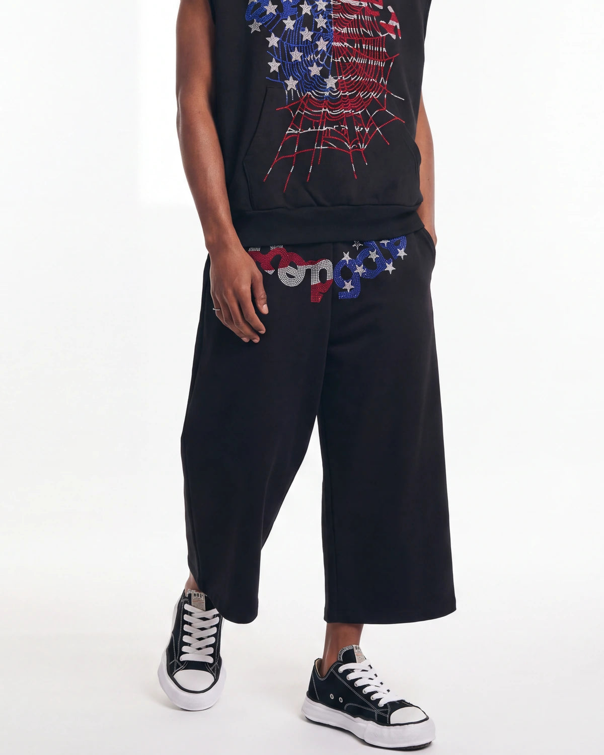 Sp5der Rhinestone OG Web Long Shorts Onyx
