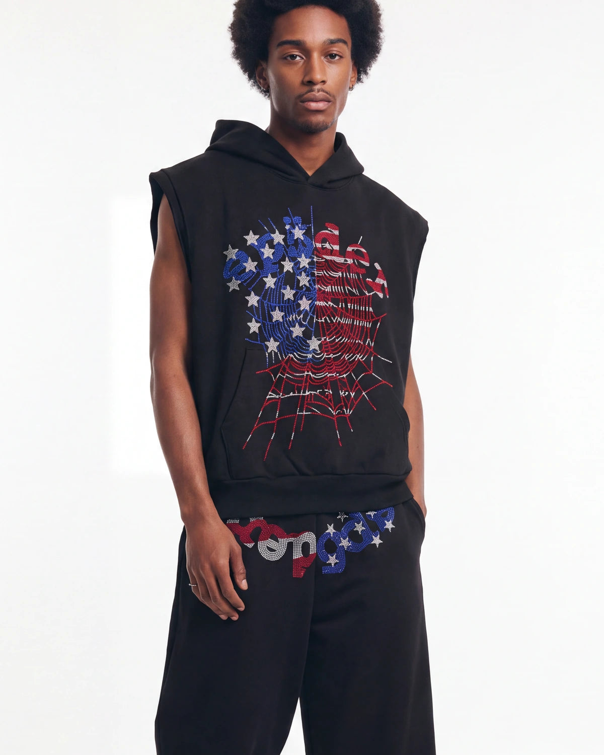 Sp5der Rhinestone OG Web Sleeveless Hoodie Onyx