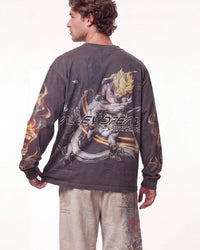 A man shown from the back wearing a dark gray long-sleeve t-shirt with a large graphic of Super Saiyan Gohan and the text 'ALLEY BREATHE FUTURE' across the back, paired with light beige pants.