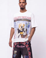 Vale Forever Step Bro Tee white, upper body front view on model showing the Valley Dreams 1997 bulldog graphic