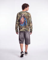 Bravest Studios Shepherd LS Tee camo green, full rear view on model showing the Sacred Heart back print