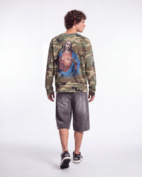 Bravest Studios Shepherd LS Tee camo green, full rear view on model showing the Sacred Heart back print