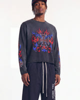 HMDD RWB 4th L/S Tee black, upper body front view on model showing the flaming iron cross graphic