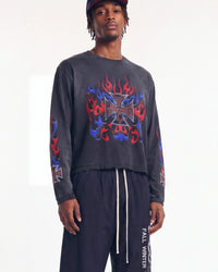 HMDD RWB 4th L/S Tee black, upper body front view on model showing the flaming iron cross graphic