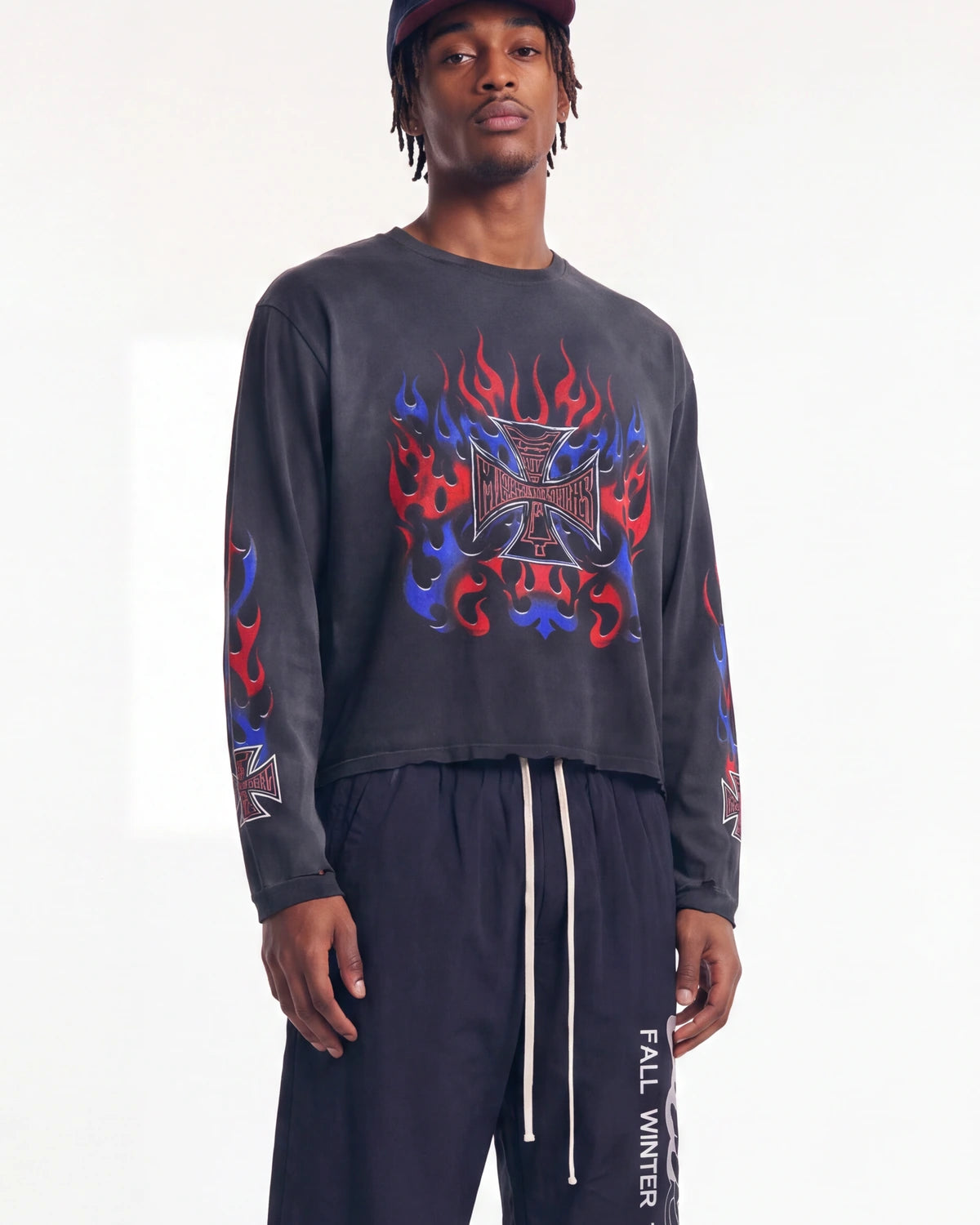 HMDD RWB 4th L/S Tee black, upper body front view on model showing the flaming iron cross graphic