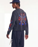HMDD RWB 4th L/S Tee black, upper body rear view on model showing the large flaming cross back print