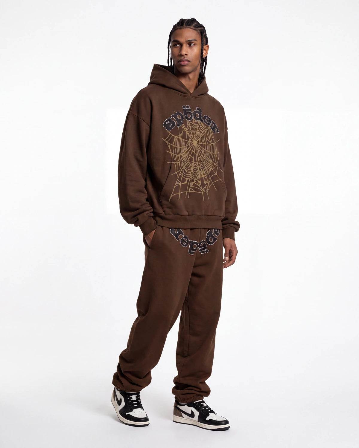 Sp5der OG Web Rhinestone Sweatpants Brown
