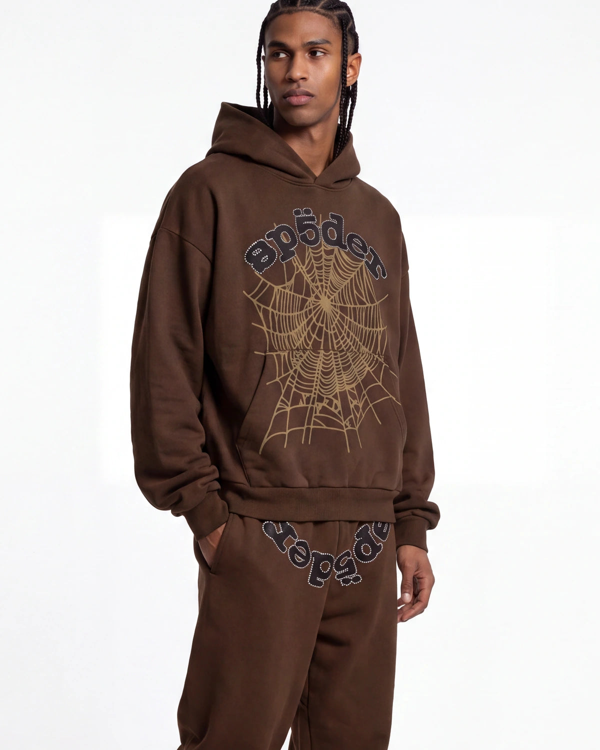 Sp5der OG Web Rhinestone Hoodie Brown