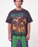 Vale Forever Metal Speaker Tee black, upper body front view on model showing the Vale Vs World skateboarding graphic