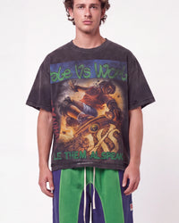 Vale Forever Metal Speaker Tee black, upper body front view on model showing the Vale Vs World skateboarding graphic