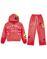All Human 2+2=5 V2 Sweatsuit red wash, zip hoodie and sweatpants set with All-American varsity lettering, front view