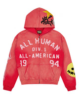 All Human 2+2=5 V2 Sweatsuit red wash, hoodie front with All Human Div. 1 All-American 1994 lettering
