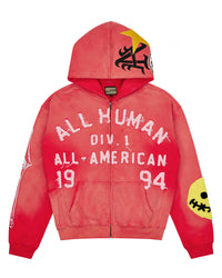 All Human 2+2=5 V2 Sweatsuit red wash, hoodie front with All Human Div. 1 All-American 1994 lettering