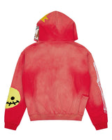 All Human 2+2=5 V2 Sweatsuit red wash, hoodie back view with smiley sleeve patch