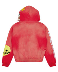 All Human 2+2=5 V2 Sweatsuit red wash, hoodie back view with smiley sleeve patch