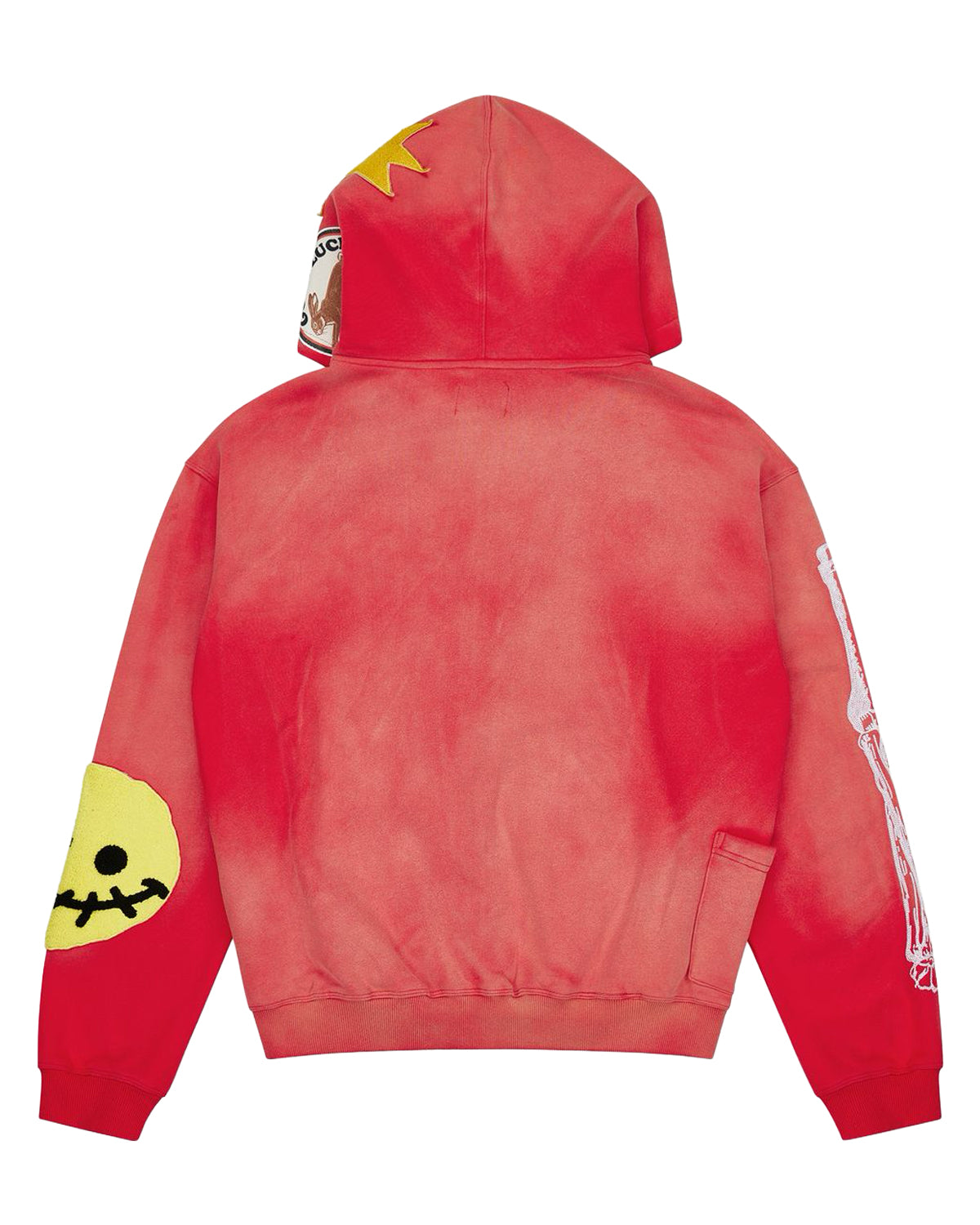 All Human 2+2=5 V2 Sweatsuit red wash, hoodie back view with smiley sleeve patch