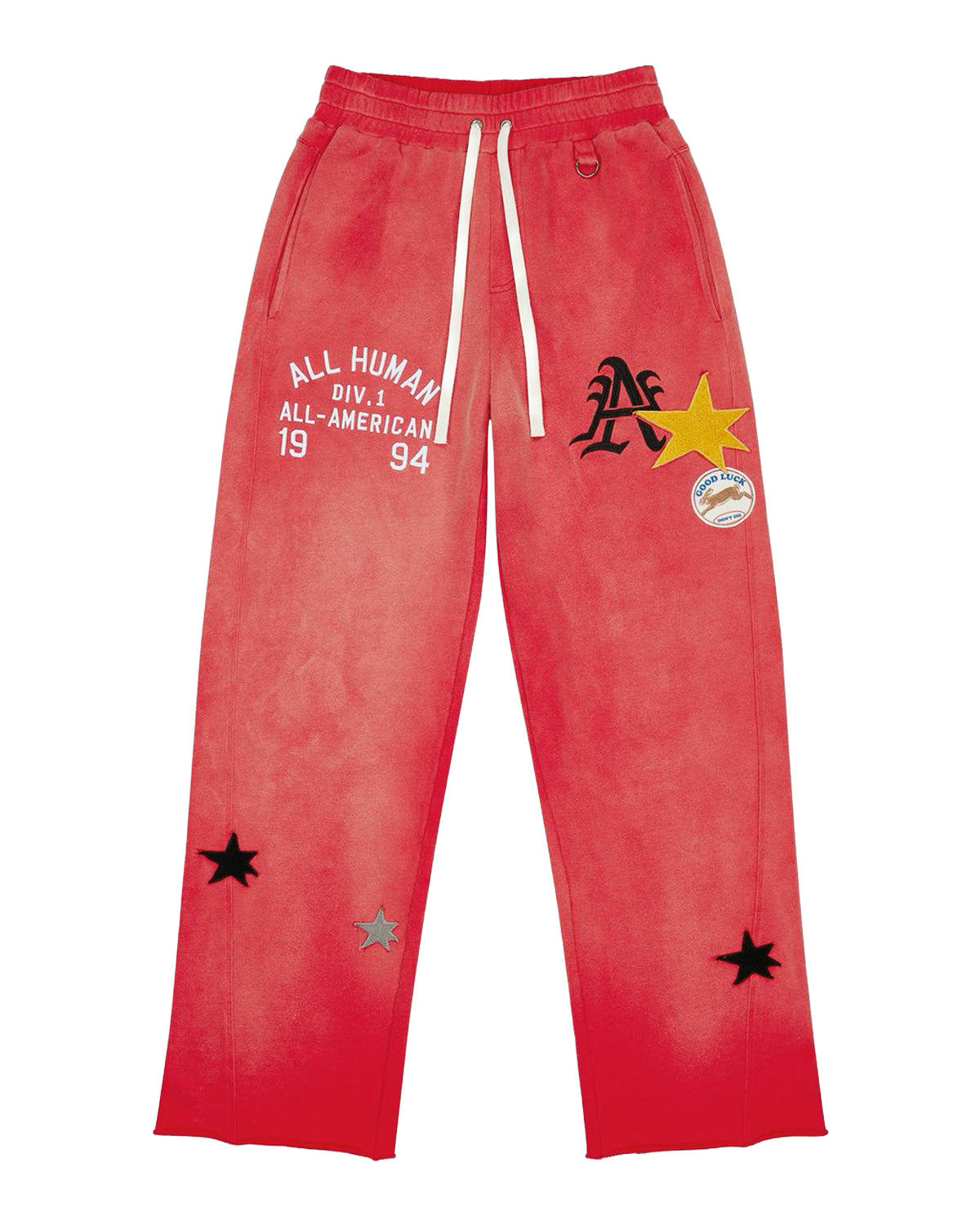 All Human 2+2=5 V2 Sweatsuit red wash, sweatpants front with lettering and star patches