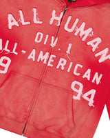 All Human 2+2=5 V2 Sweatsuit red wash, close-up of the chest lettering and zipper