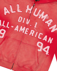All Human 2+2=5 V2 Sweatsuit red wash, close-up of the chest lettering and zipper