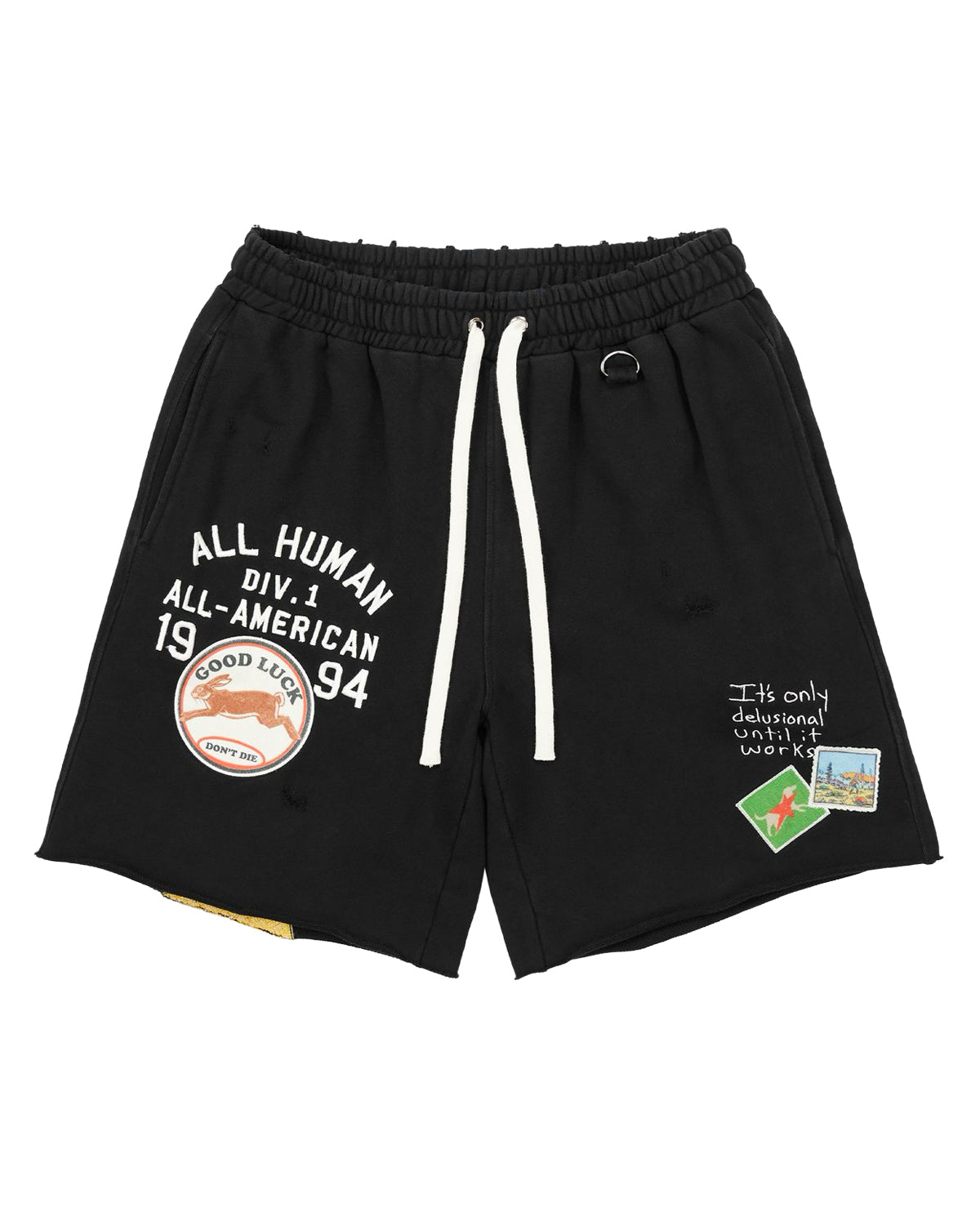 All Human 7am Shorts V2 black, sweat shorts with an All Human Div. 1 All-American 1994 collegiate print, front view