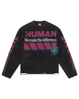 All Human Art Of Dying L/S Tee black wash, faded long sleeve with magenta Human graphic, front view