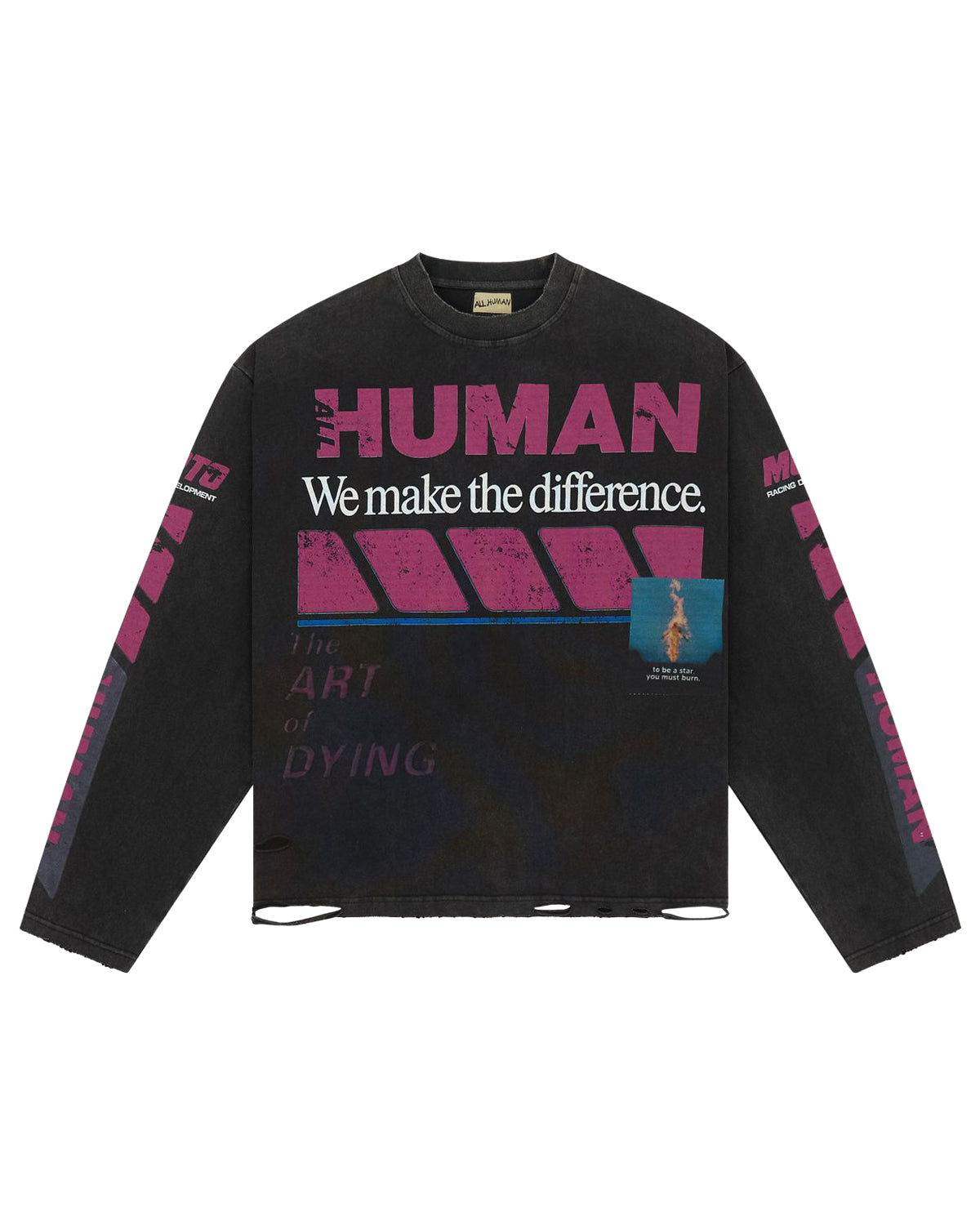 All Human Art Of Dying L/S Tee black wash, faded long sleeve with magenta Human graphic, front view
