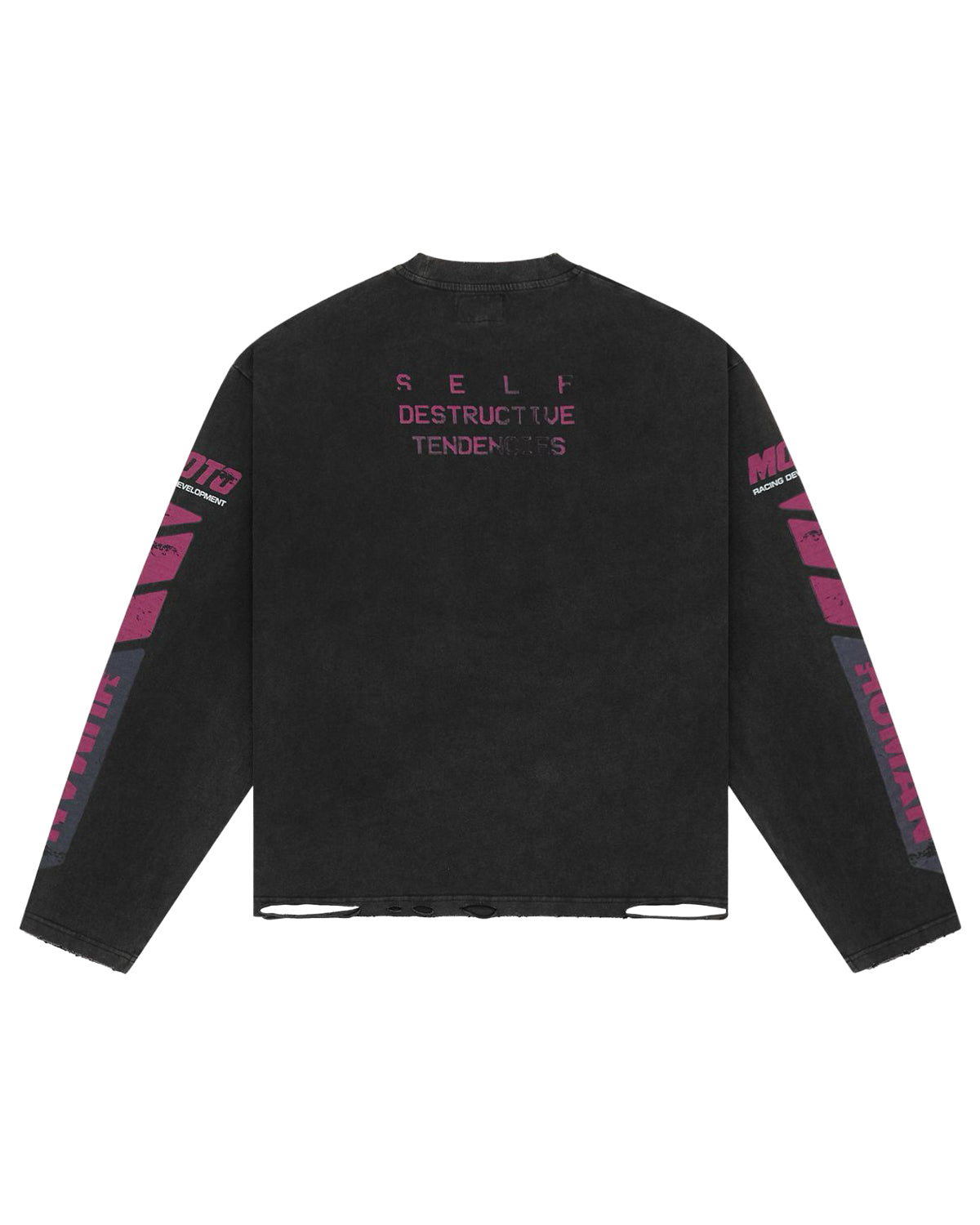 All Human Art Of Dying L/S Tee black wash, back view with small text and magenta sleeve graphics
